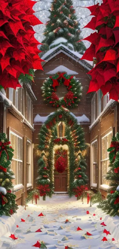 Charming house adorned with Christmas decorations and red poinsettias.