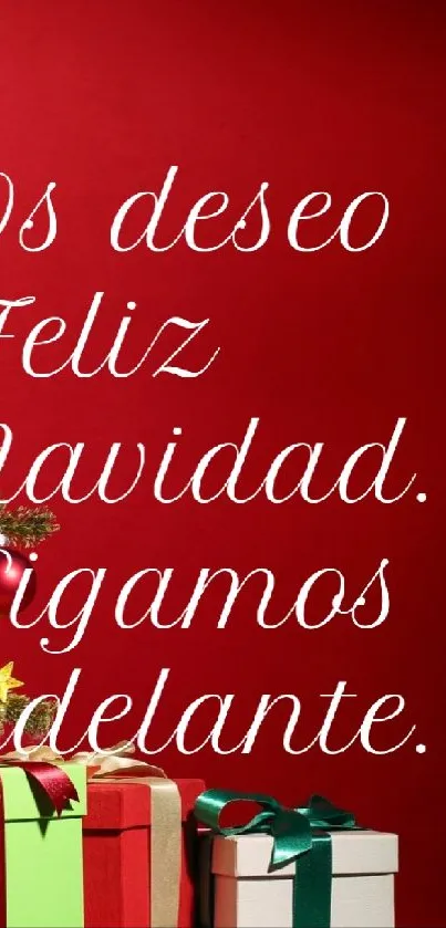 Feliz Navidad wishes with Christmas tree and gifts on red background.