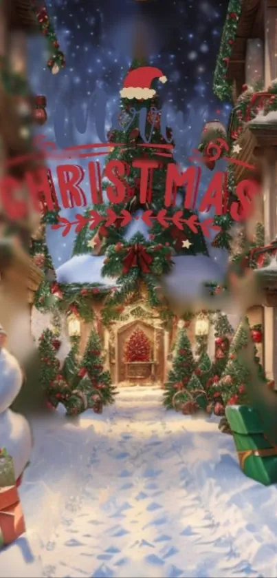 Enchanting Christmas village scene wallpaper with snow and decorations.