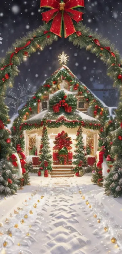 Christmas house with festive decorations and snow-covered path.