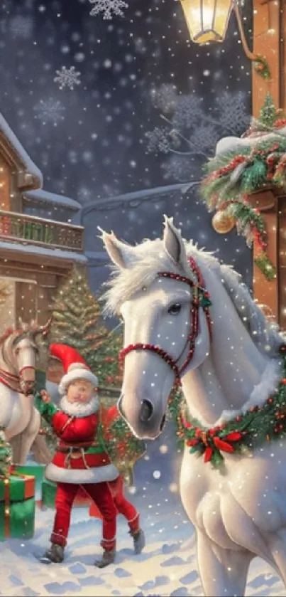 Festive Christmas scene with Santa and horses in snow.