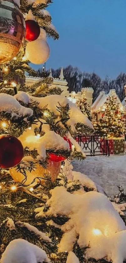 Snowy Christmas tree with lights and ornaments in a festive winter scene.