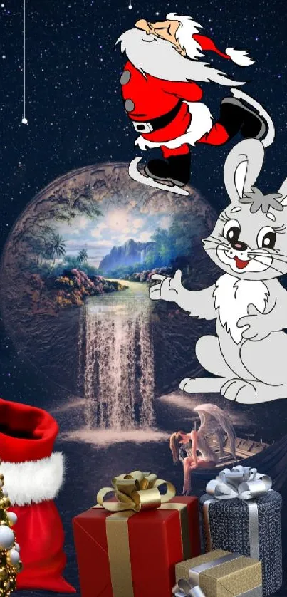 Festive Christmas wallpaper with Santa, rabbit, gifts, and cosmic night sky.