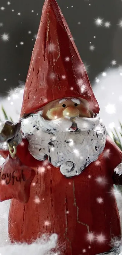 Santa figurine and ornament in snowy setting with evergreen branches.