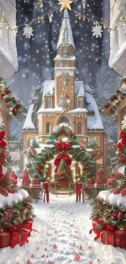 Festive winter scene with snow and decorated trees.