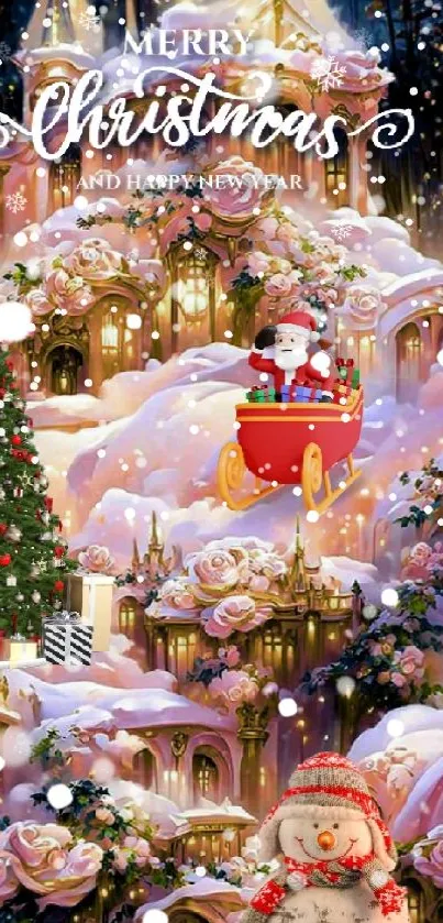 Festive Christmas wallpaper with Santa and snowman in snowy village.