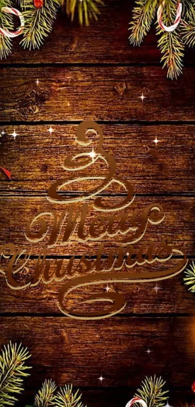 Christmas-themed wood wallpaper with festive decorations.