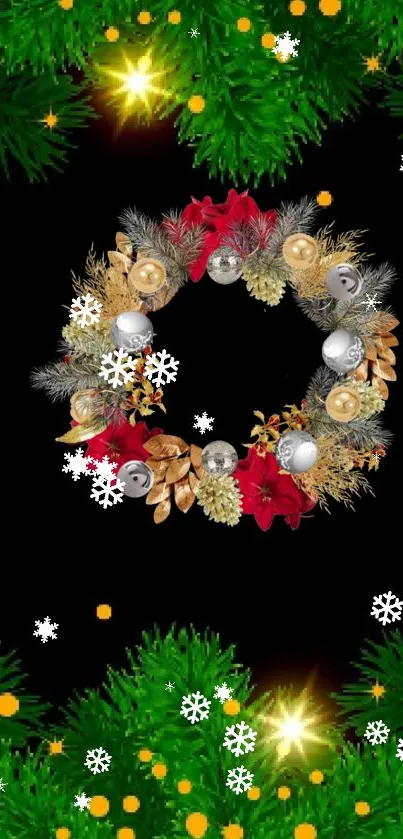 Festive Christmas wreath on black background with decorations and snowflakes.