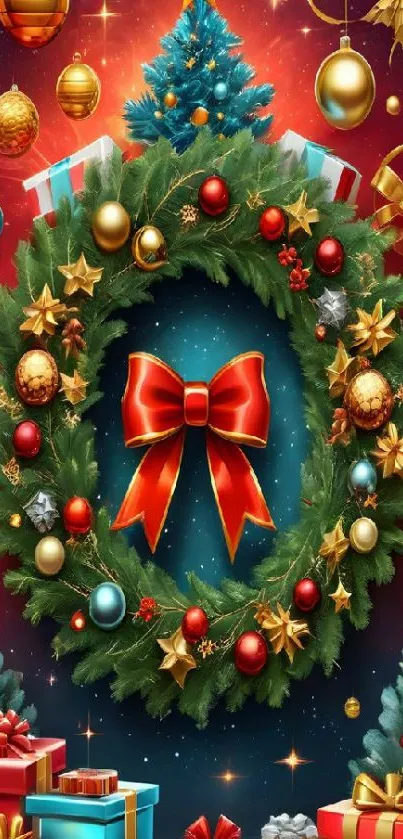 Festive Christmas wreath with colorful decorations and ribbon.