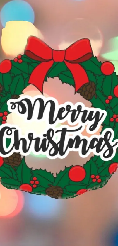 Festive Christmas wreath with "Merry Christmas" text on a colorful background.
