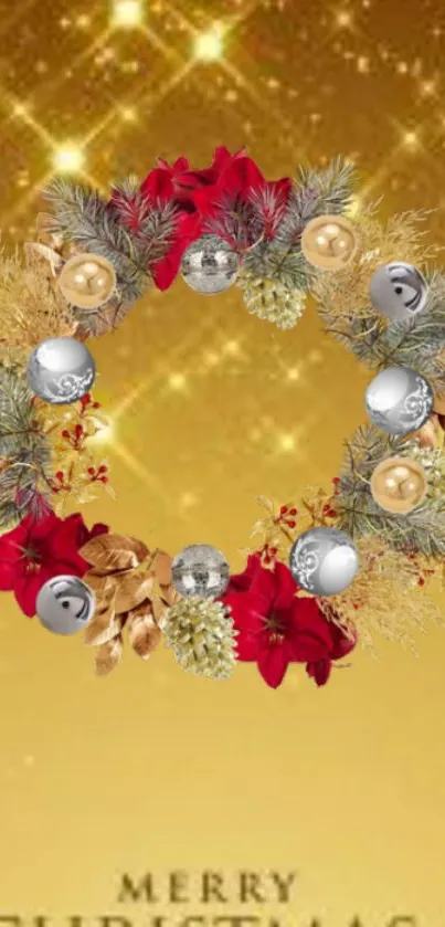 Festive wreath with red flowers and gold accents on a sparkling background.