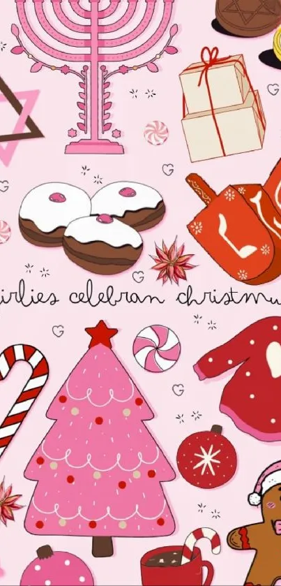 Festive Christmukkah wallpaper with holiday symbols.