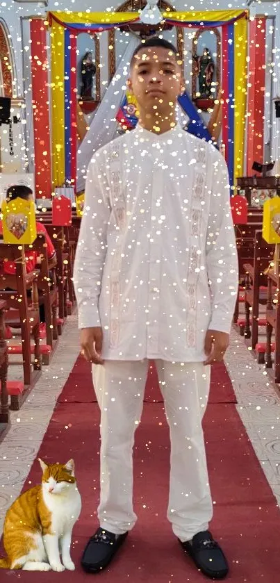 Traditional church ceremony scene with a man and a cat, sparkling with festive lights.