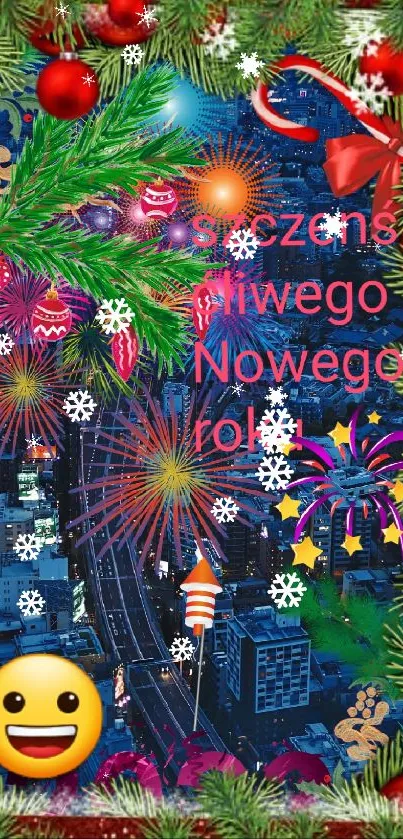 Festive holiday mobile wallpaper with city lights and fireworks.