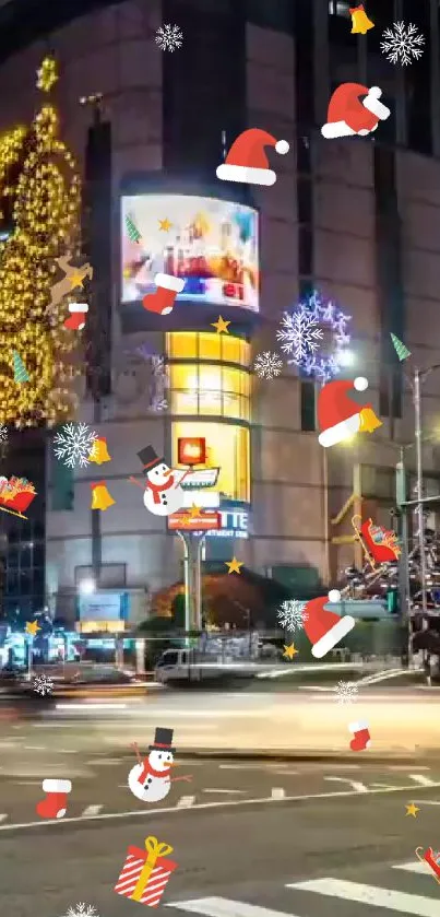 Festive city night scene with holiday decorations and bright lights.