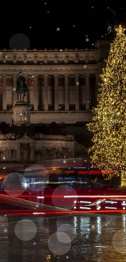 Christmas tree lights up a city at night with reflections on the sidewalk.