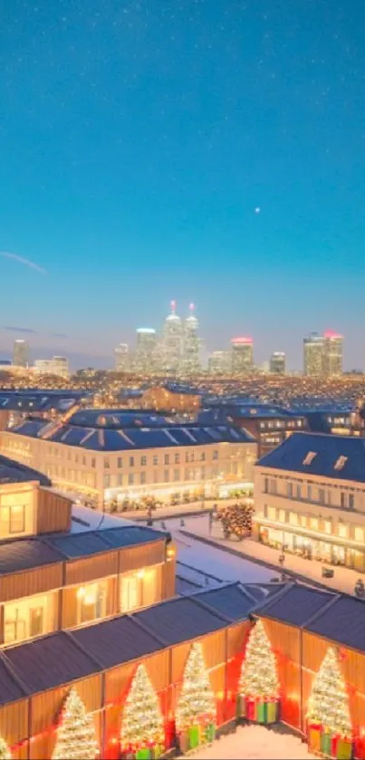 Festive city skyline illuminated at night with Christmas lights and decorations.