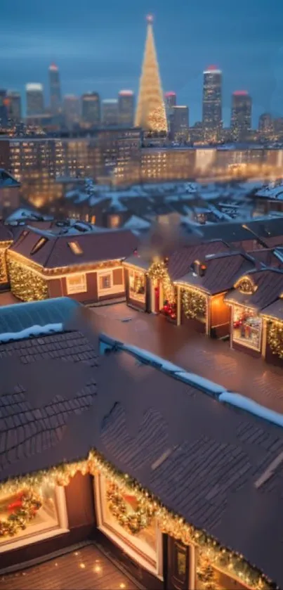 Festive city skyline with Christmas lights and snowy rooftops.