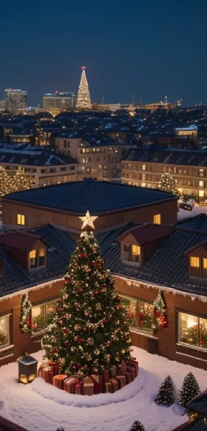 Snowy rooftop cityscape with Christmas tree under a night sky.