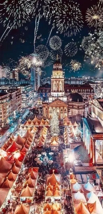 A cityscape with fireworks illuminating a festive night market scene.