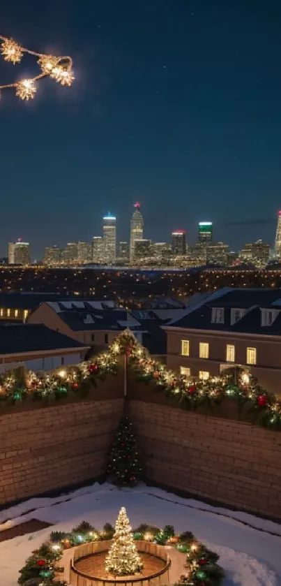 Festive cityscape with holiday lights and snowy rooftops at night.