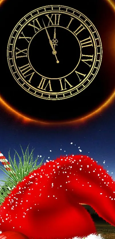 Festive mobile wallpaper with Christmas clock and Santa hat.