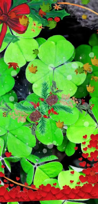 Festive Christmas wallpaper with green clovers and red decorations.