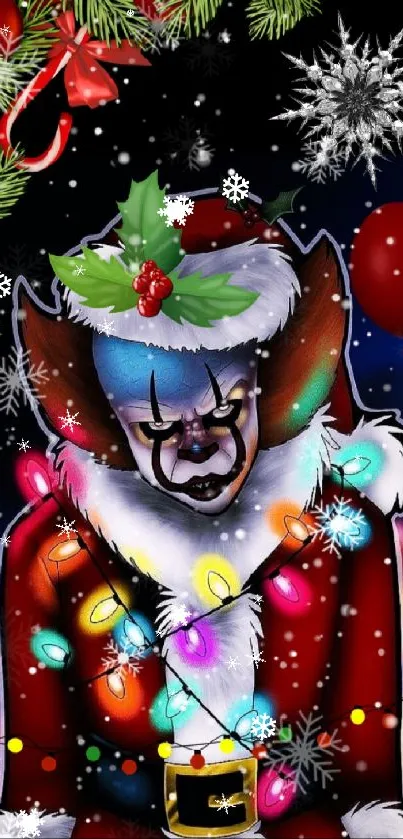 Festive clown in Santa suit with Christmas lights.