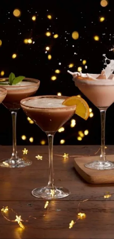 Colorful cocktails with festive lights in a warm and vibrant setting.