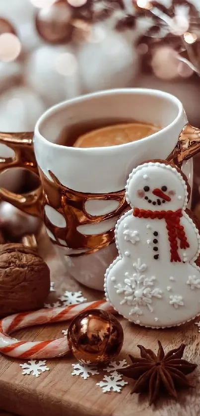 Festive coffee cup with snowman cookie on a wooden table with holiday decor.