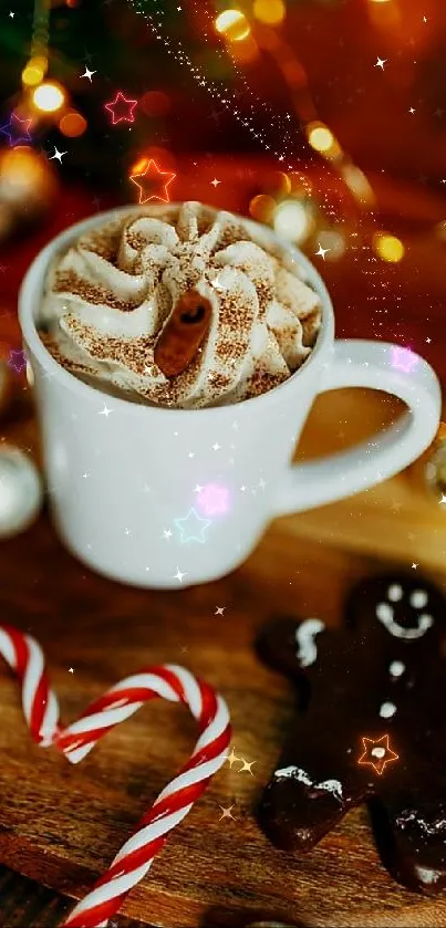 Festive scene with coffee, gingerbread, candy canes, and holiday lights.