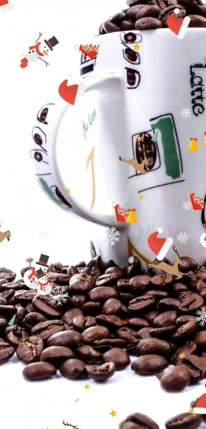 Festive coffee beans with a holiday-themed mug.