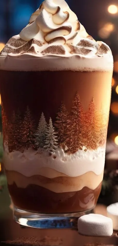 A festive coffee with whipped cream and tree design, perfect for holidays.