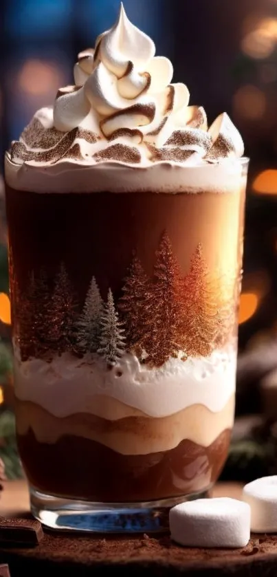 Festive coffee topped with whipped cream and marshmallows, surrounded by holiday decor.
