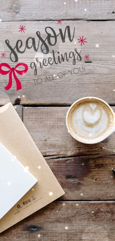 Festive wallpaper with coffee cup and greeting card on wooden table.