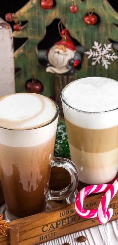 Festive holiday coffee mugs with Christmas decorations.