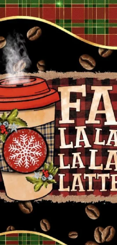 Festive holiday wallpaper with coffee cup and plaid design.