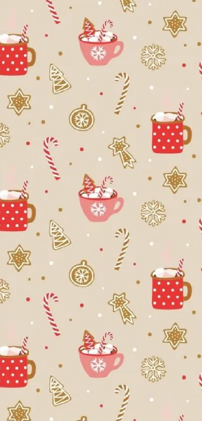 Festive wallpaper with mugs, candy canes, and gingerbread on beige background.