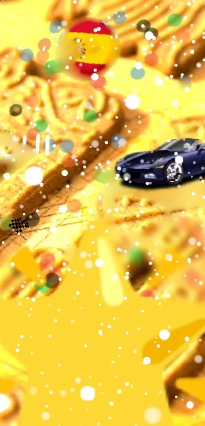 Golden cookies with blue car and confetti in vibrant mobile wallpaper.