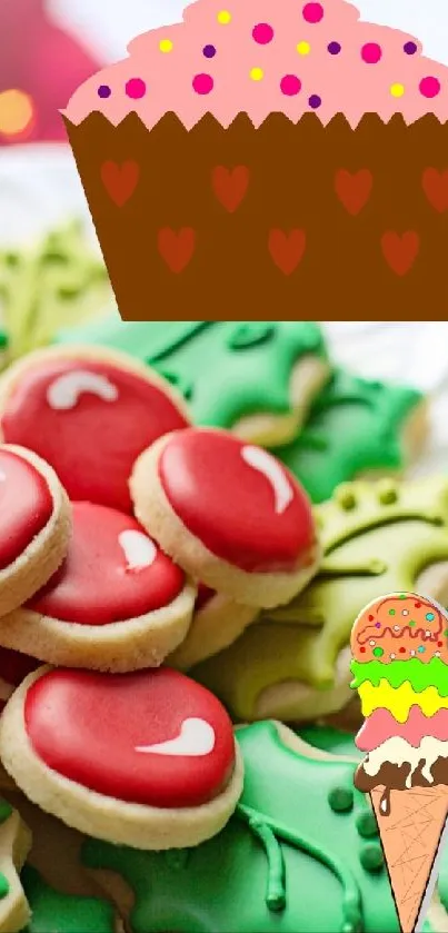 Festive wallpaper with cookies, cupcake, and ice cream cone in bright colors.
