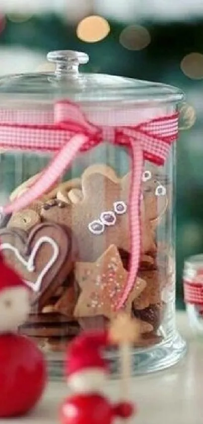 Festive glass jar with Christmas cookies and red ribbon, perfect for cozy holiday vibes.