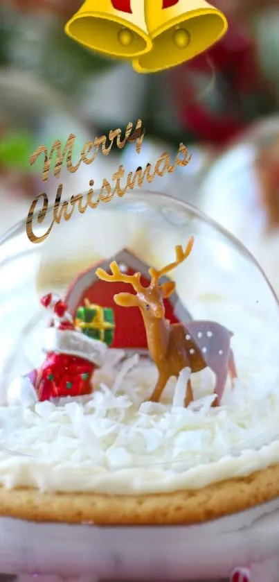 Festive cookie snow globe with Santa and reindeer.