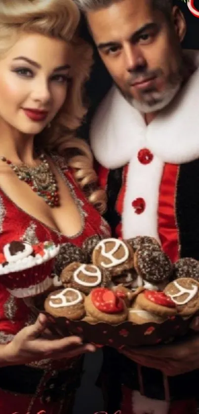 Festive couple holding holiday treats in vibrant outfits.