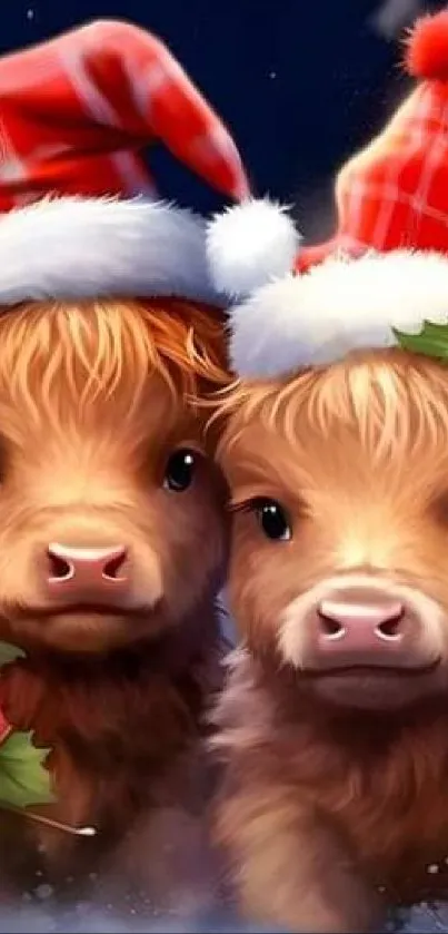 Two adorable cows in Santa hats for festive wallpaper.