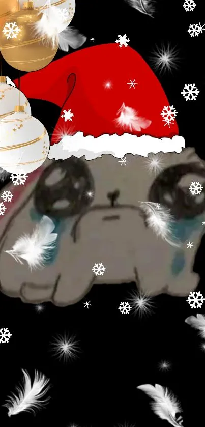 Crying bunny in Santa hat with snowflakes and ornaments.