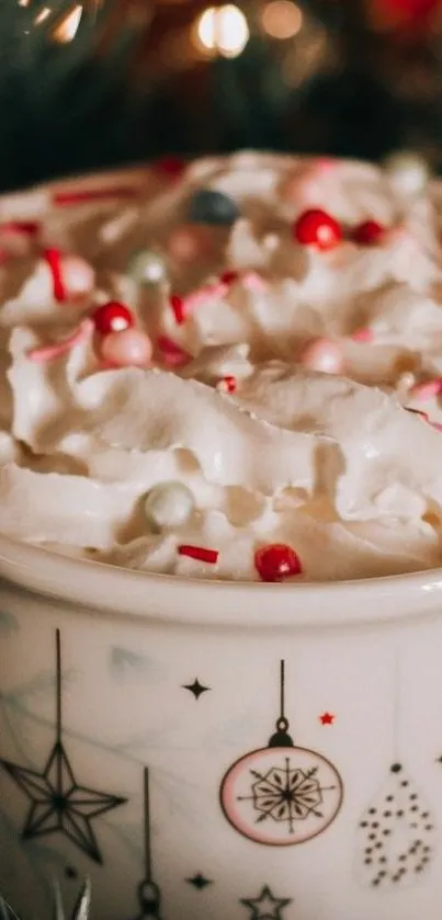 Festive mug topped with whipped cream and colorful sprinkles in a holiday setting.