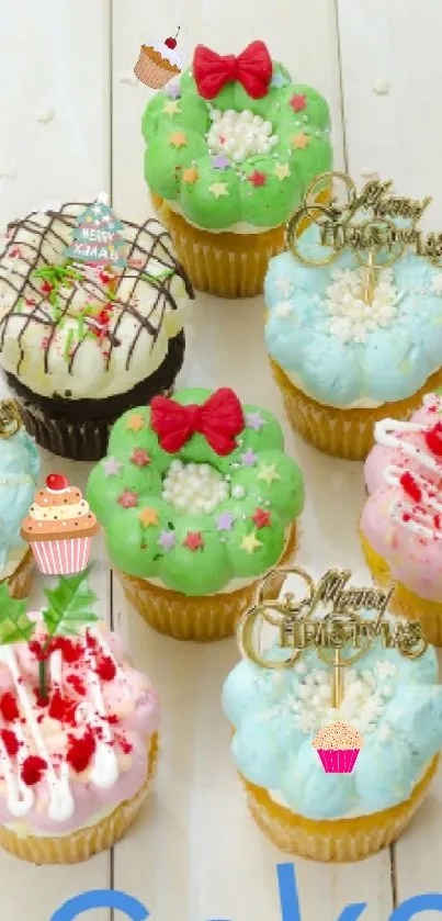 Colorful festive cupcakes with holiday decorations.