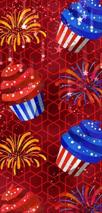 Colorful cupcakes and fireworks on a red background wallpaper.