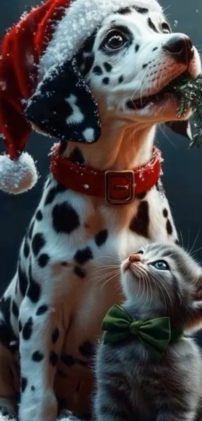 Dalmatian with Santa hat and kitten in bow, festive Christmas scene.
