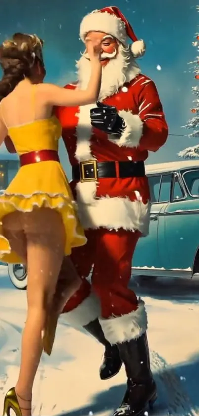 Santa Claus dancing in festive holiday scene